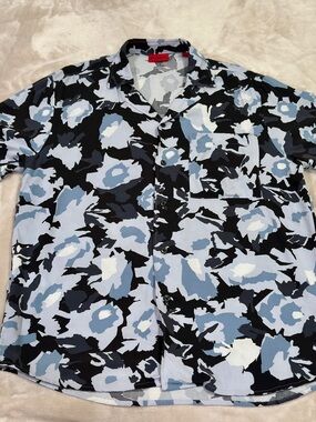 HUGO - Men's Short Sleeve Ellino Abstract Blue Shirt (Size: M)